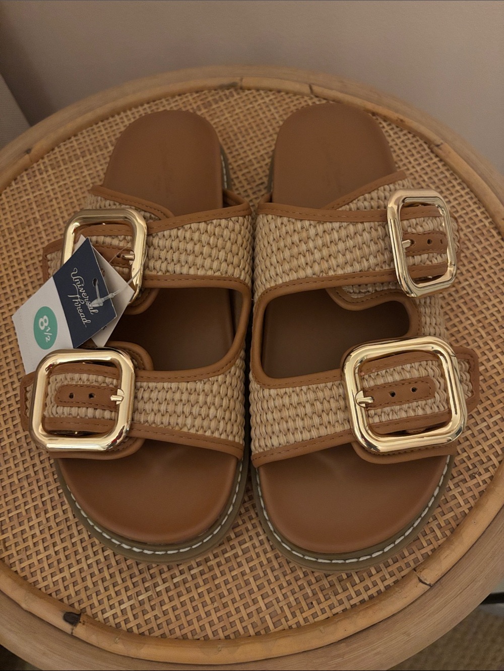 A New Day Tan and Natural Woven Buckle Slide Sandals